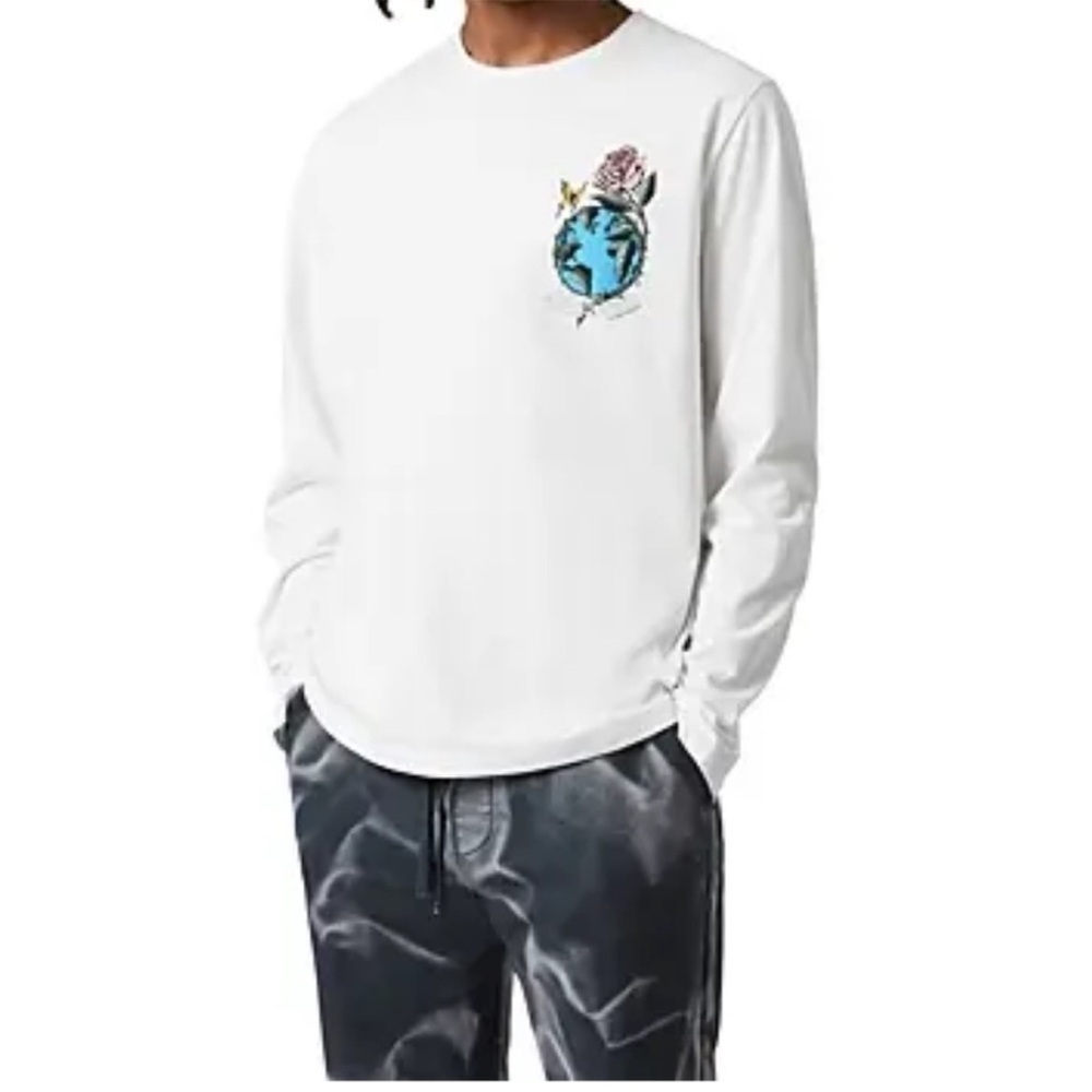 All Saints White Long Sleeve Shirt with Blue and Pink Graphic